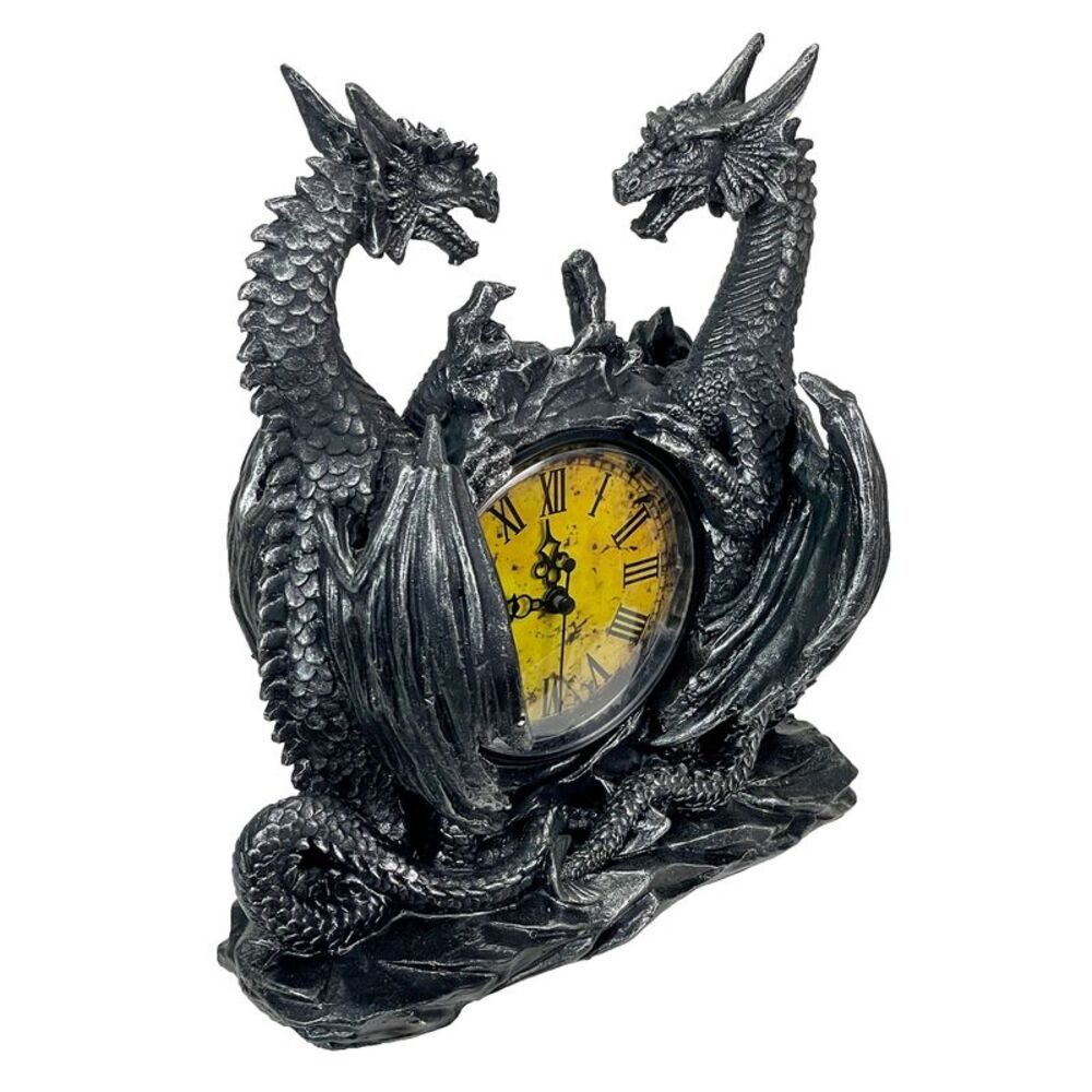 Twin Evil Dragons Antiqued Mantel Clock Table Desk - Picture 2 of 7